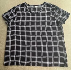 Old Navy Black White Plaid Short Sleeve Silky Blouse Top Women's XL